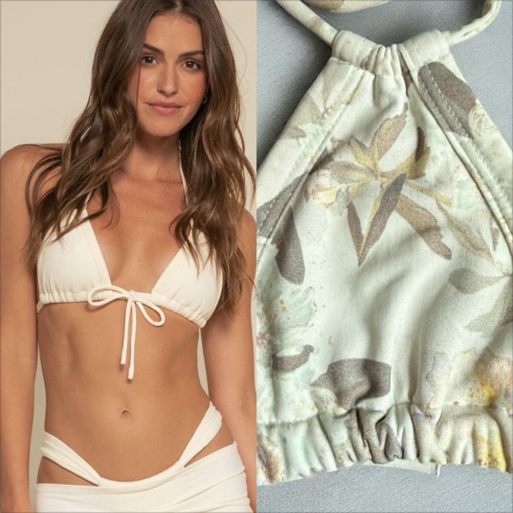 Montse Euro Bow Cream Neutral Floral Pattern Bikini Top Size Small